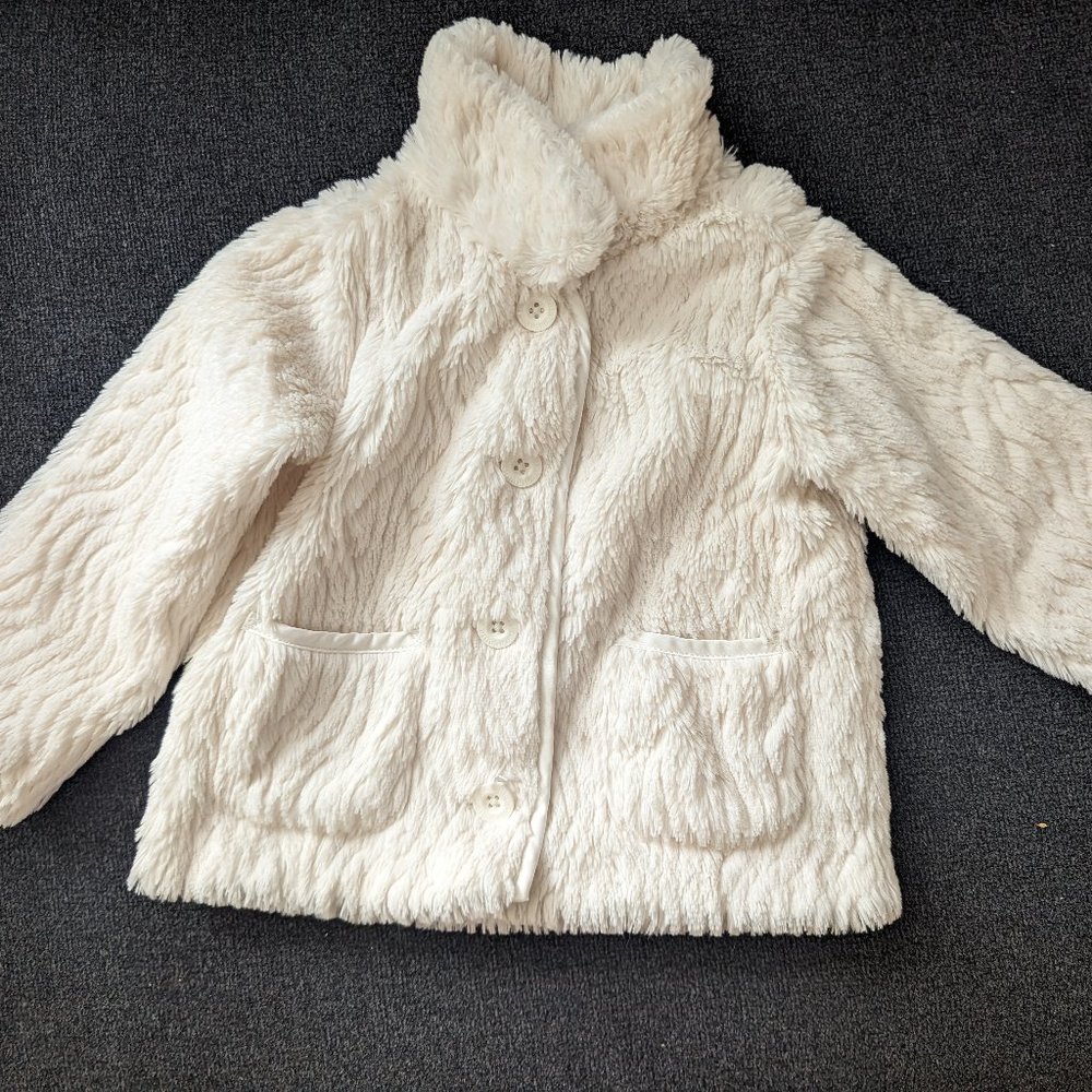 Patagonia Winter White Faux Fur Button Down Coat